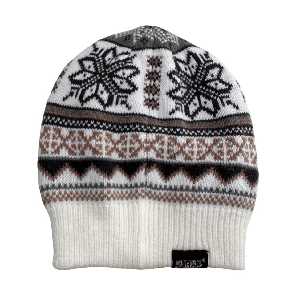 Muk Luks Beanie Hat Fair Isle Snowflake Knit Winter Cream Brown Grey One Size